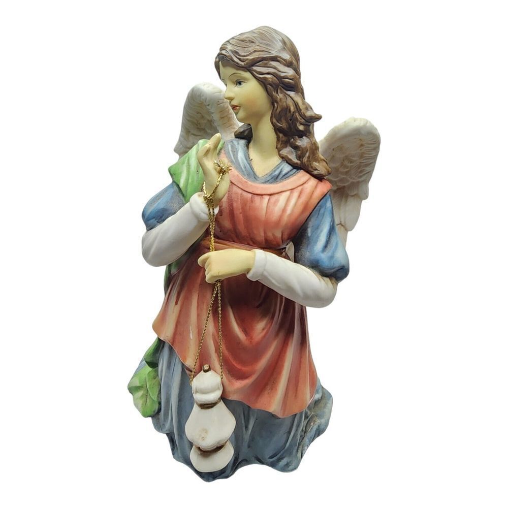 O'Well Hand Painted Fine Porcelain Kneeling Angel Figurine Holding Lantern EUC